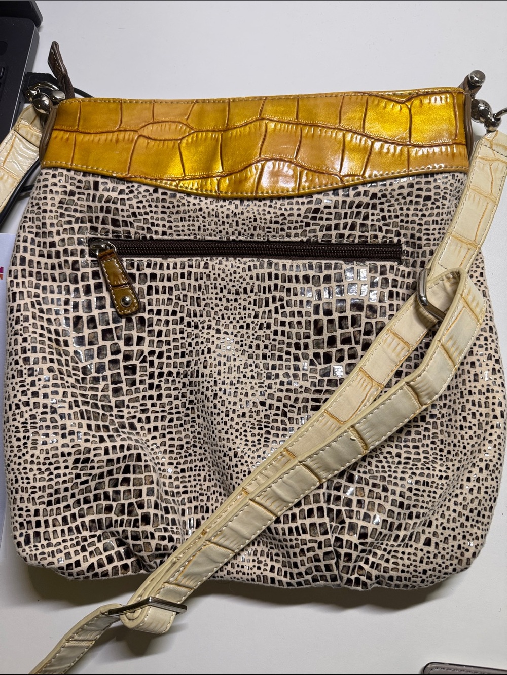 Textured Croc-Accent Shoulder Bag in Cream and Mustard